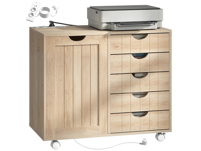  Meuble pour imprimante avec station de charge et roulettes, 5 tiroirs, ports usb, étagère réglable, naturel  - Conforama A