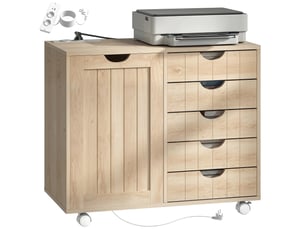 Meuble pour imprimante avec station de charge et roulettes, 5 tiroirs, ports usb, étagère réglable, naturel
