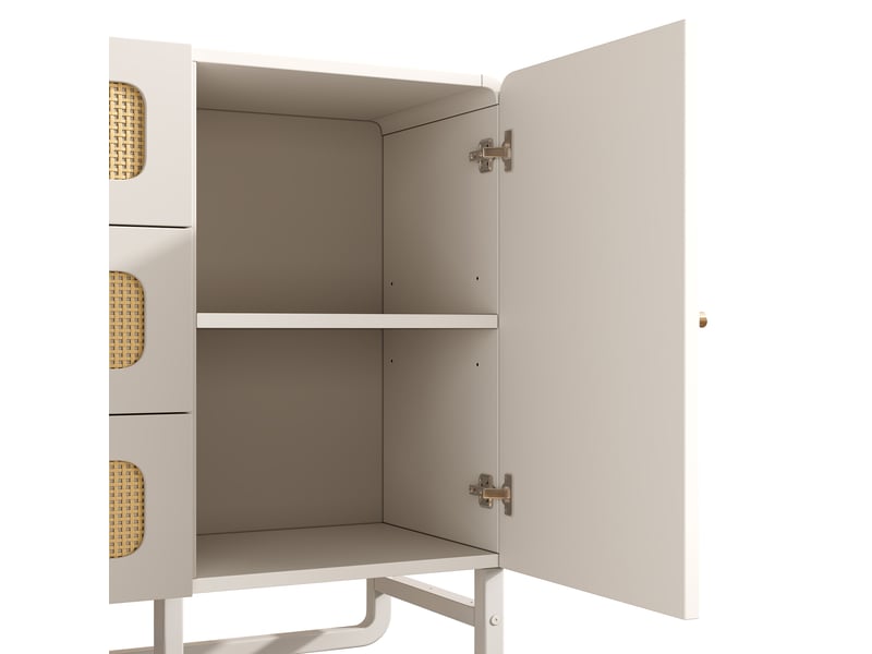  Commode 120x40x85 cm blanche mdf et métal, 3 tiroirs, porte avec étagères réglables et kit anti-basculement  - Conforama E