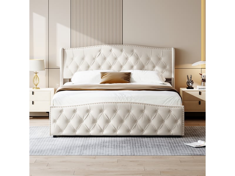  Lit double rembourré 140 x 200 cm avec espace de rangement, lit à réglage hydraulique avec sommier à lattes et tête de lit rembourrée, velours, beige 231211SM1201#ADK35HWyJBDELLM - Conforama D
