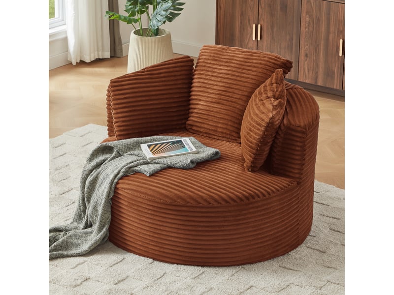  Fauteuil rond tcqpz en velours côtelé 124 x 113 x 86 cm assise profonde 1 place orange pour salon et chambre  - Conforama E