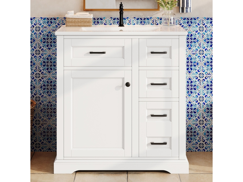  Meuble sous vasque avec 1 porte, 4 tiroirs et vasque en céramique pour salle de bain, mdf blanc, 76×47×82 cm  - Conforama C