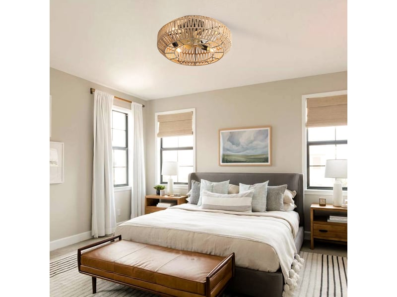  Ventilateur plafond lumière réversible silencieux 56 cm abs aspect bois rotin homvra  - Conforama C