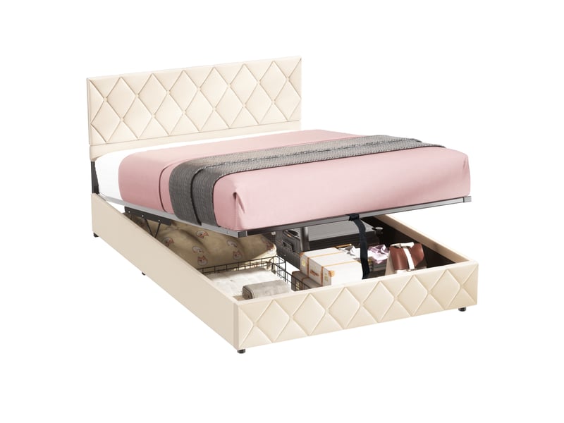 Lit adulte coffre 160x200 cm, tête de lit réglable, sommier, velours beige, sans matelas  - Conforama A