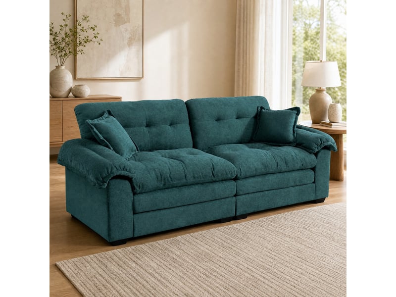 Canapé droit 2 places assise profonde avec double coussin - mousse mémoire, ressorts ensachés, chenille vert - Conforama C