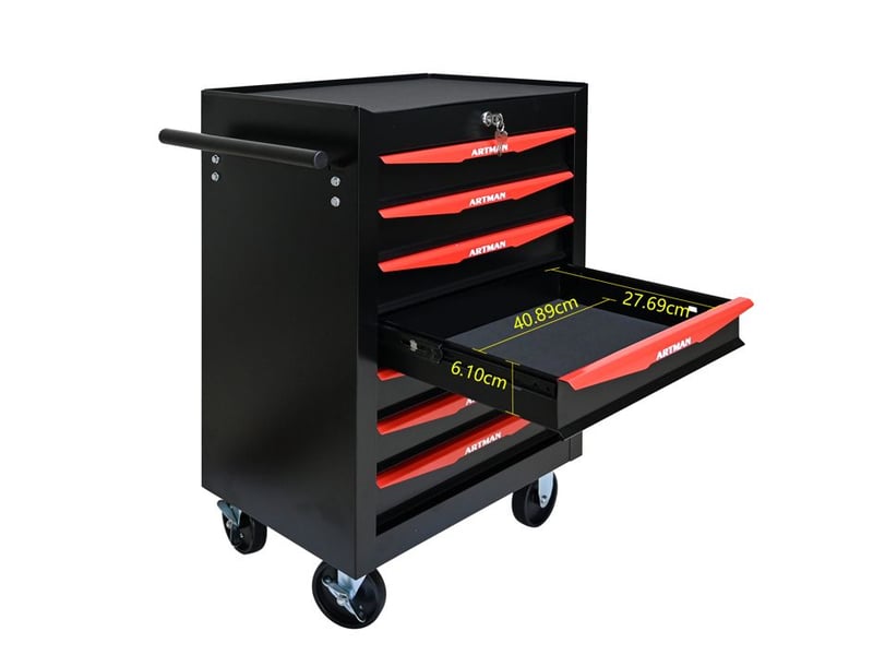  Boîte à outils à 7 tiroirs - noir &amp; rouge - acier - 24.6 kg - roues pivotantes - verrouillage à clé 52.4x33x65.6cm - Conforama E