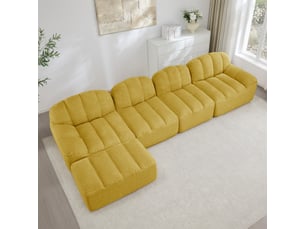 Canapé modulable, canapé 4 places – mousse haute densité, jaune, avec pouf, en tissu, assise profonde