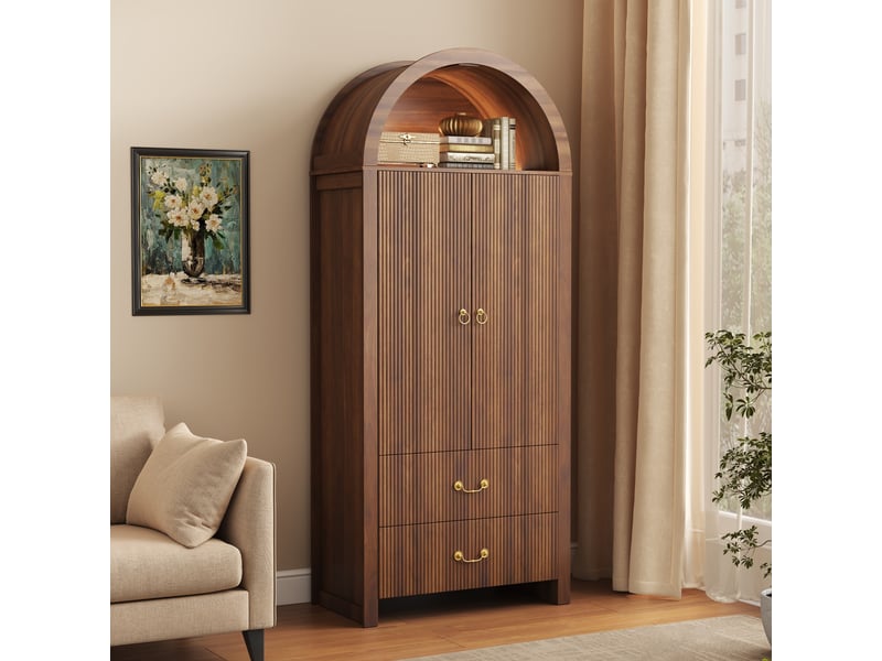  Buffet haut moderne à arche, éclairage led variable via application, deux portes et deux tiroirs, façade striée verticalement  - Conforama E