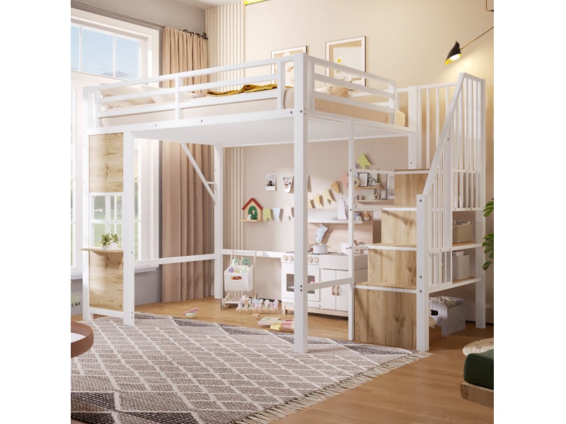 Lit mezzanine 140 × 200 cm avec échelle à rangements, espace ouvert et garde-corps pour chambre d’enfant, blanc - Conforama B