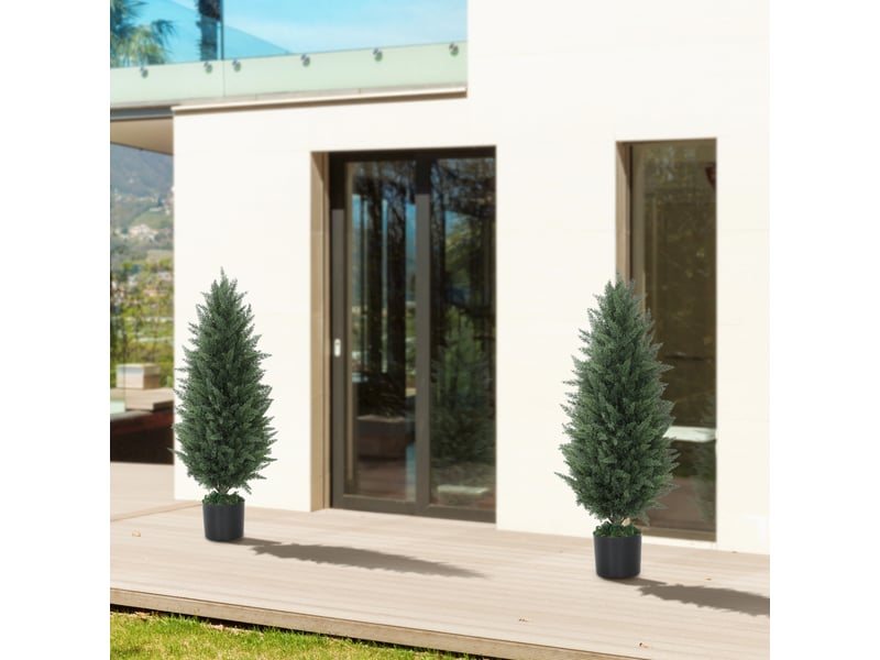  Lot de 2 cyprès artificiels, 831 feuilles, pot en ciment, résistants aux uv, 90 cm, verts  - Conforama D