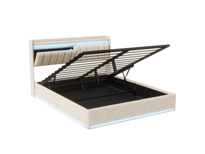  Lit coffre 160x200 cm avec éclairage led et port usb, lit adulte  avec tête de lit avec rangement, lits 2 personnes, velours, beige  - Conforama W