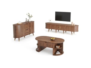 Ensemble meuble salon 3 pièces noyer, style mid-century, avec meuble tv à portes coulissantes et table basse relevable