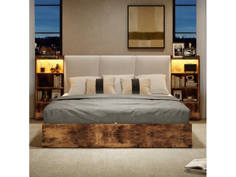 Lit plateforme 180x200 cm avec rangement hydraulique, tête de lit et led marron  - Conforama D