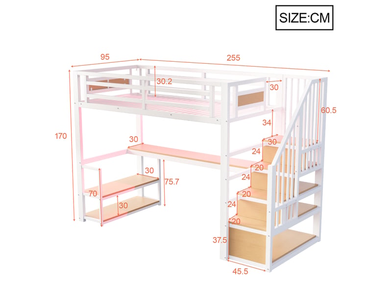Lit mezzanine 90x200 cm en métal avec led, prise, escalier de rangement, bureau et étagères, blanc Fay Lum - Conforama C