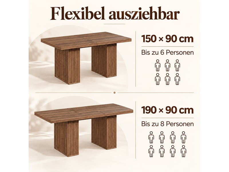  Table à manger extensible 150-190x90x75cm effet noyer, 6 à 8 personnes, rallonge intégrée, 2 placards dans le piètement, pieds rainurés, pratique  - Conforama E