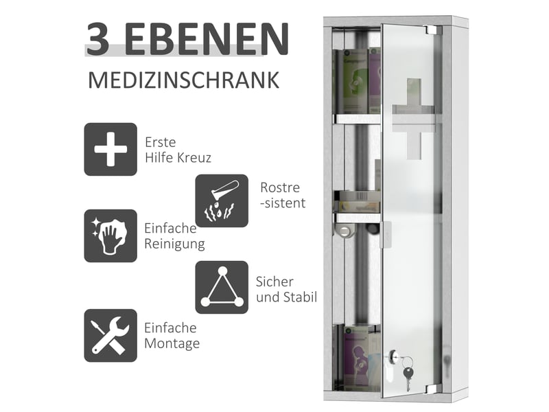  Armoire à pharmacie murale verrouillable, acier inoxydable, 3 niveaux, 20 x 12 x 58 cm  - Conforama R