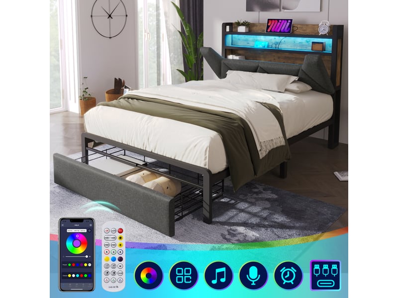  Lit simple 90 x 200cm, lit rembourré avec fonction de recharge usb type c, tête de lit rangeable et éclairage led et tiroirs, gris  - Conforama R