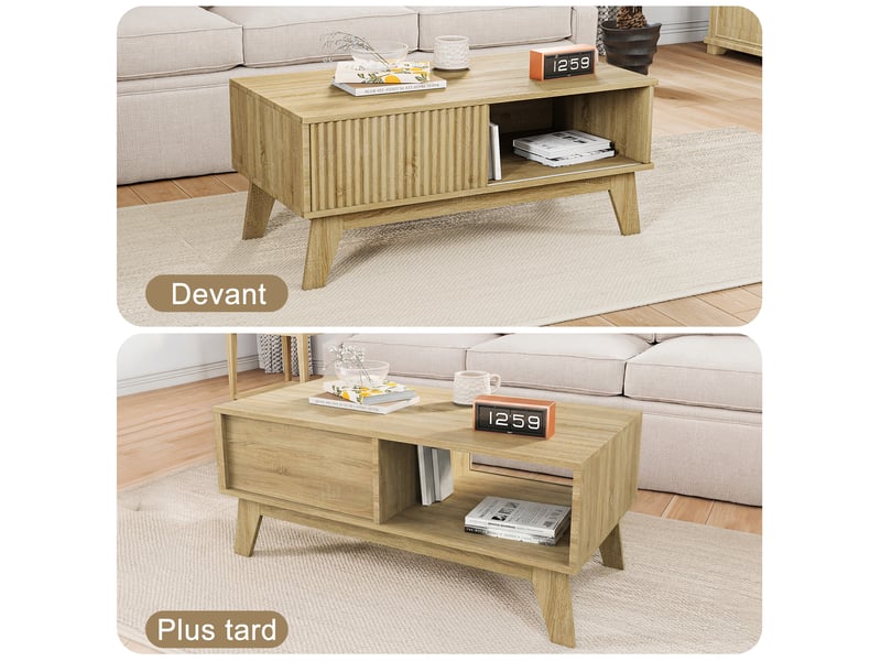  Table basse salon en bois ,table d'appoint avec porte coulissante,rangement, 95 x 41 x 48 cm,couleur bois naturel  - Conforama R