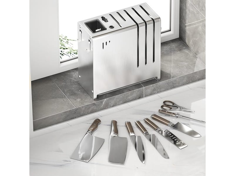 Porte-couteaux de comptoir en acier inoxydable pour la cuisine - avec cylindre à baguettes - gris - 22.5*11*24 cm - porte-couteaux mural  - Conforama E
