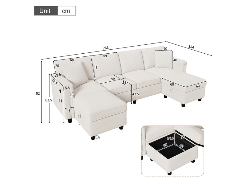  Canapé modulable 261x134x82 cm avec 2 poufs de rangement en chenille beige  - Conforama E