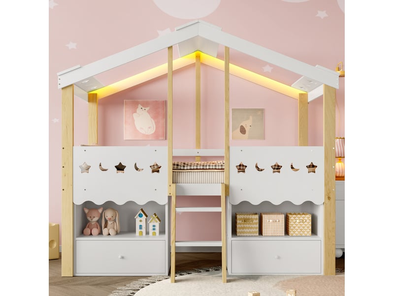  Lit mezzanine enfant 90 x 200 cm en forme de maison blanc et naturel avec 2 tiroirs et led  - Conforama C