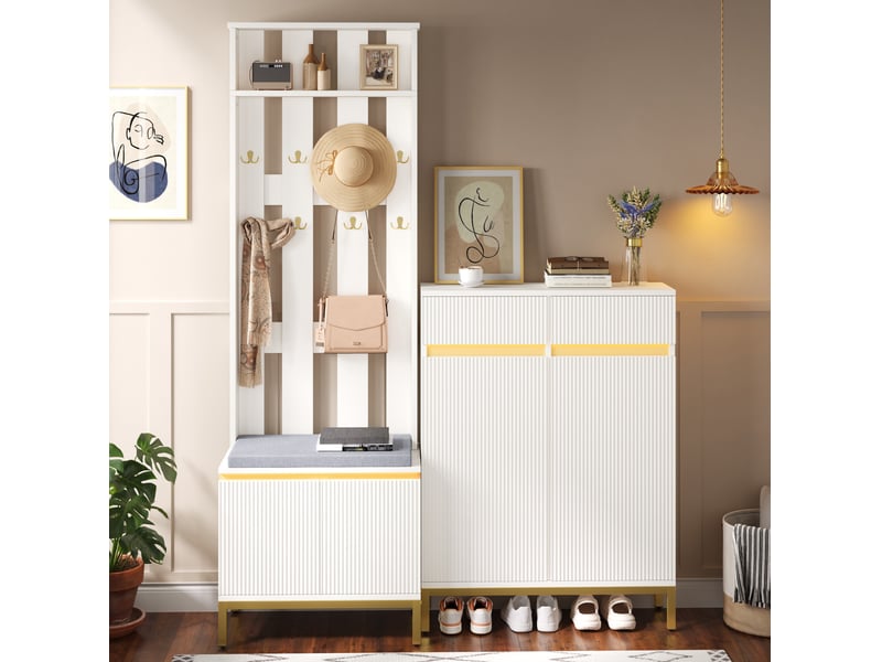 Meuble d'entrée avec meuble à chaussures, banc, patères, rangement et led pour entrée, blanc - Conforama B