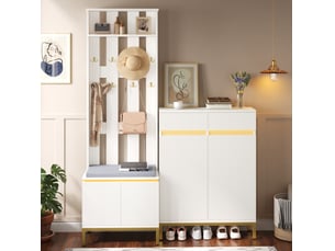 Meuble d'entrée avec meuble à chaussures, banc, patères, rangement et led pour entrée, blanc