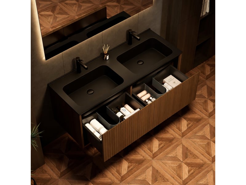  Meuble salle de bains suspendu 120 cm avec double vasque, finition chêne et résine noire  - Conforama D