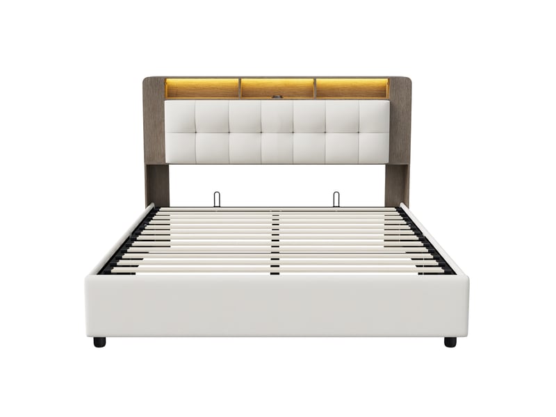  Lit coffre 160x200 cm, avec éclairage led et chargement sans fil, avec espace de rangement et sommier à lattes, lit double rembourré, en velours beige  - Conforama W