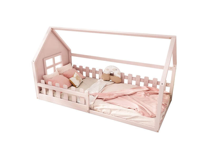  Modenvie lit enfant cabane 90x200 cm - en pin et mdf, avec sommier à lattes - pour chambre d'enfant - rose  - Conforama A