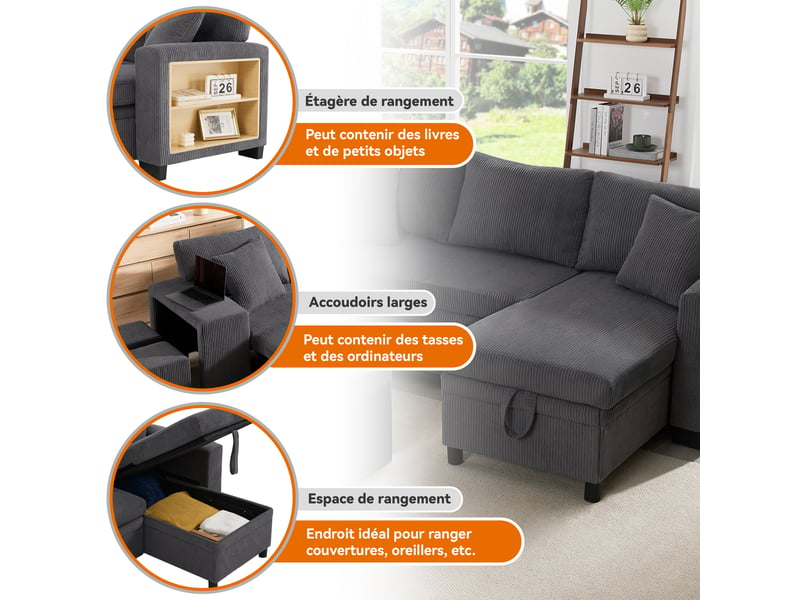  Canapé d'angle convertible 3 places en velours côtelé gris avec coffre et coussins inclus  - Conforama R