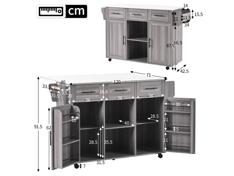 Desserte de cuisine à roulettes 139 x 46(71) x 91,5 cm, mdf gris et blanc - Conforama C