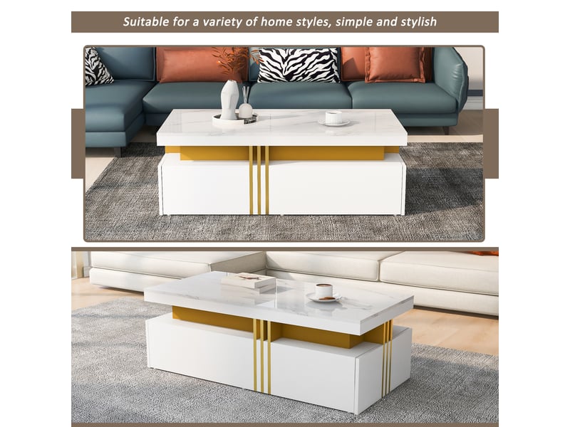  Table basse 100*50*40cm table rectangulaire moderne, 2 tiroirs, motif en marbre, panneau de particules, table de salon, blanc  - Conforama C