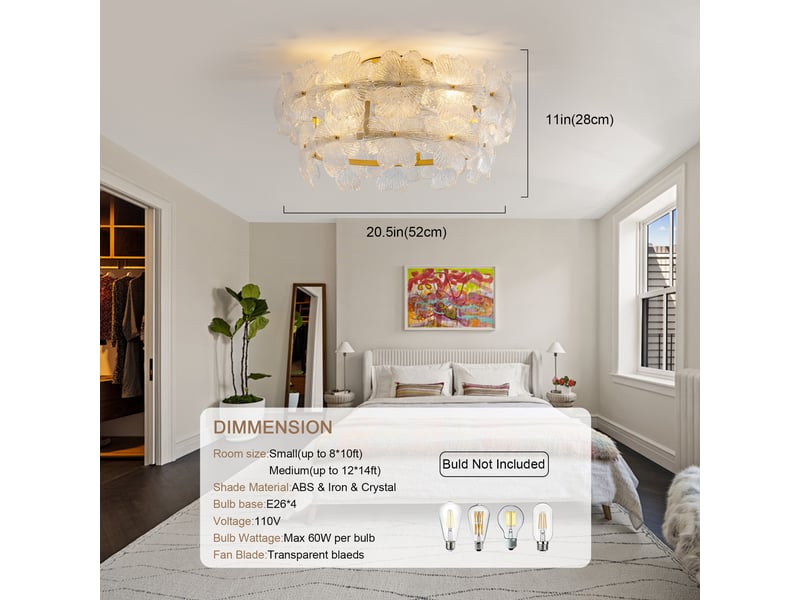  Ventilateur de plafond avec lustre cristal 52cm - plafonnier ventilateur pour salon, led 6 vitesses, moteur dc - doré  - Conforama E