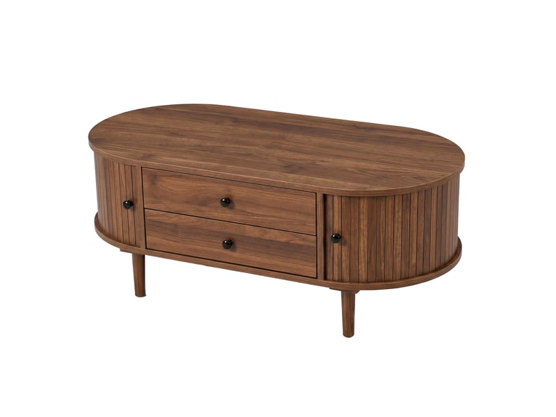  Table basse ovale noyer avec 2 tiroirs et portes coulissantes rainurees, rangement ferme, pieds en bois 100x50x40 cm  - Conforama D