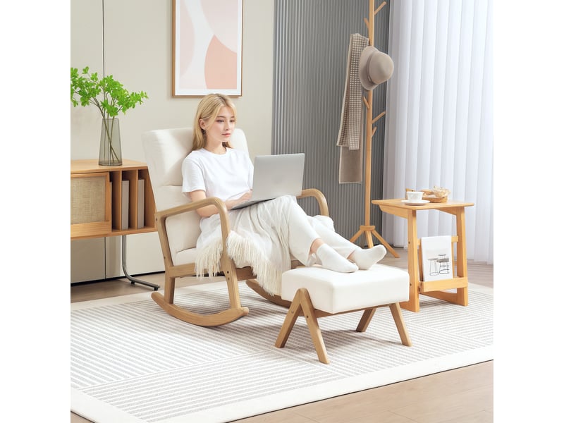  Fauteuil à bascule avec repose-pieds aspect lin blanc crème pieds en bois charge 150 kg  - Conforama B