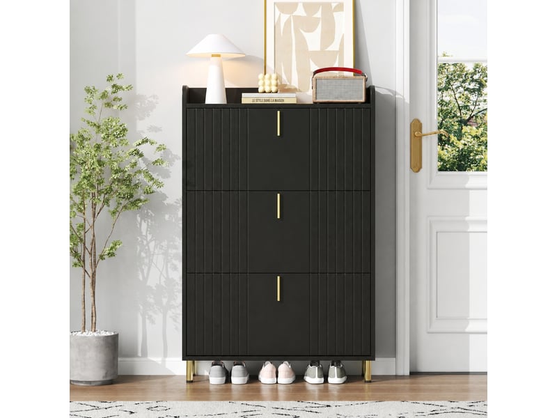  Meuble à chaussures étroit 3 abattants, 6 compartiments, 80 x 23,5 x 123,5 cm, noir mat  - Conforama D