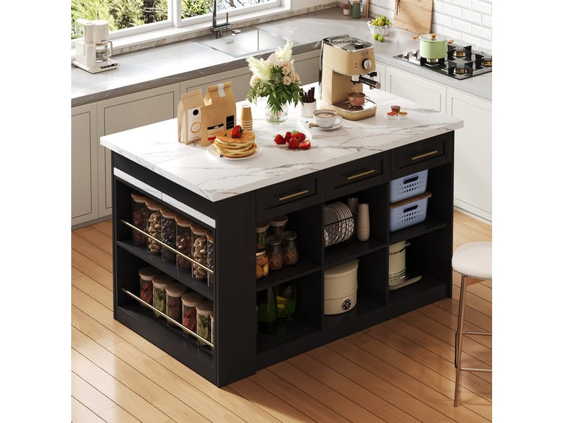  Îlot de cuisine multifonction 150x90x90 cm avec table coulissante, mdf, noir et blanc  - Conforama B