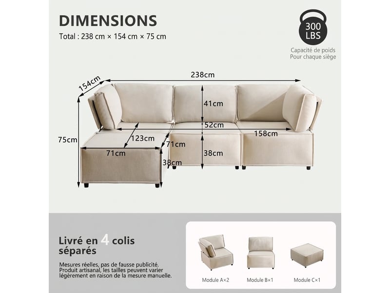  Canapé modulable beige convertible 4 places - en lin sans accoudoirs - assise mousse et ressorts  - Conforama C