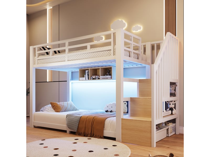  Lit superposé 90 x 200 cm, avec led, escalier avec rangement, 3 compartiments, garde-corps, sans matelas, métal, blanc OMNIGLINT TRADING LTD - Conforama B