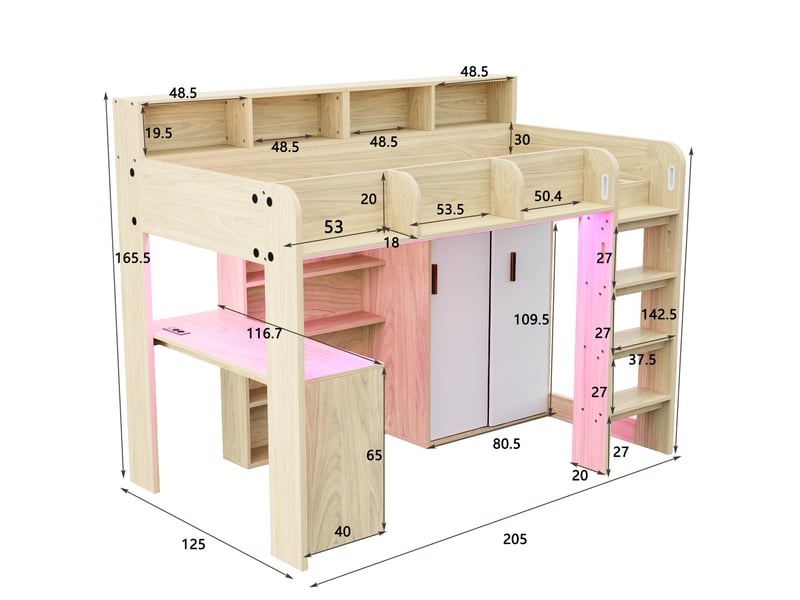  Lit mezzanine 90 x 200 cm avec bureau, armoire, rangements, led et prise, bois  - Conforama C