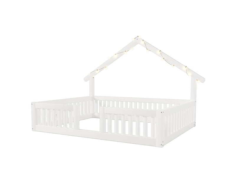  Lit cabane enfant 140x200 cm, lit au sol avec barrières et led, blanc, sans matelas  - Conforama E