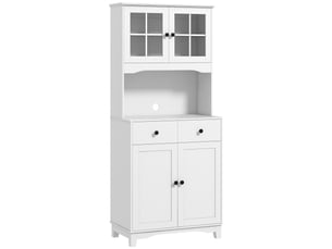 Buffet haut blanc avec meuble micro-ondes, 2 placards, 2 tiroirs et étagères réglables anti-basculement