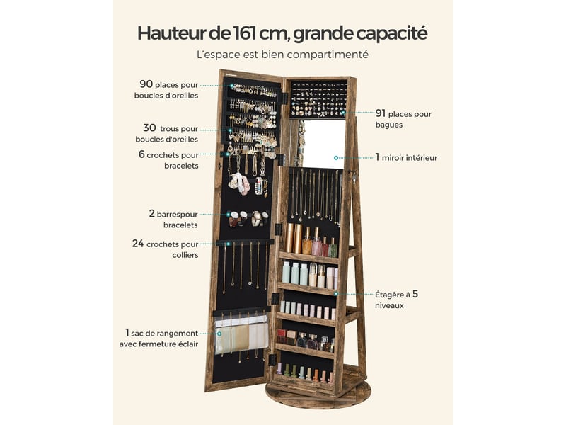 Armoire à bijoux pivotante à 360° avec grand miroir psyché 54 x 54 x 161 cm organisateur de bijoux verrouillable avec miroir intérieur étagères de rangement à l'arrière marron 12_0003942  - Conforama C