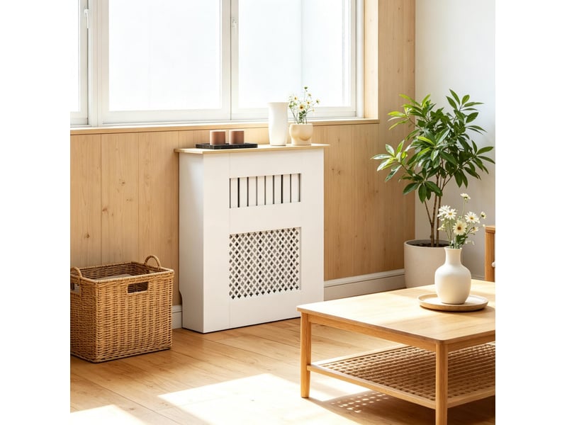 Cache-radiateur blanc 78 x 19 x 81 cm en mdf, plateau effet bois clair et motif ajouré, pour votre intérieur - Conforama B
