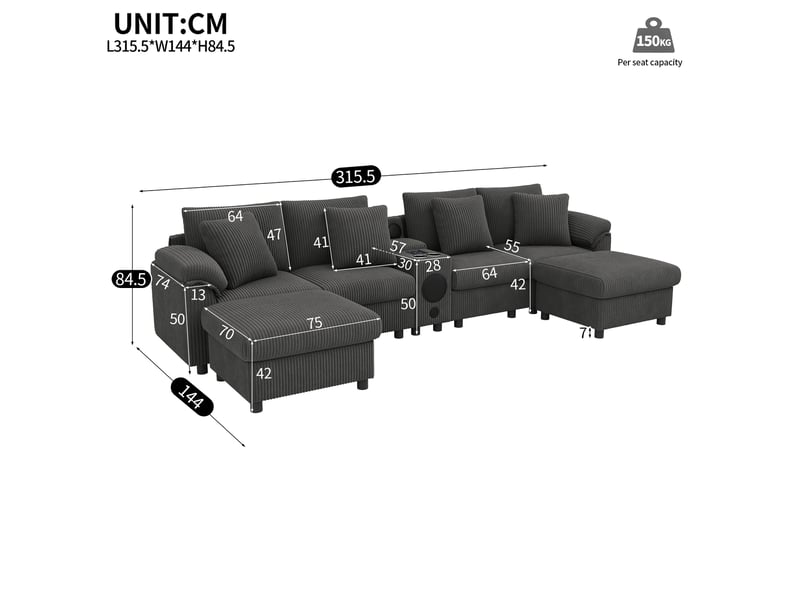  Canapé modulable,315,5x144x84,5 cm,6 places avec rangement,velours côtelé,gris  - Conforama C
