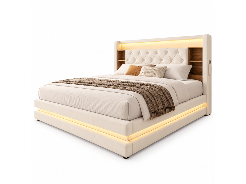  Lit coffre 180x200 lit rembourré avec tête de lit multifonction, led, 2 usb et usb-c, sommier à lattes, velours blanc écru Morn Vibe - Conforama A