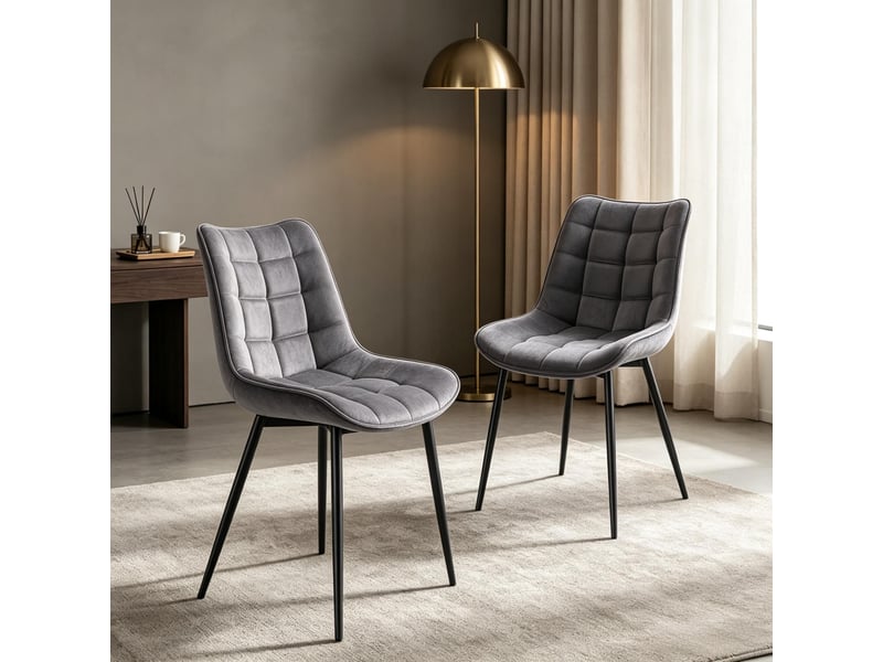  Chaise de salle à manger 2 pièces en velours avec dossier ergonomique et pieds métalliques gris foncé  - Conforama C