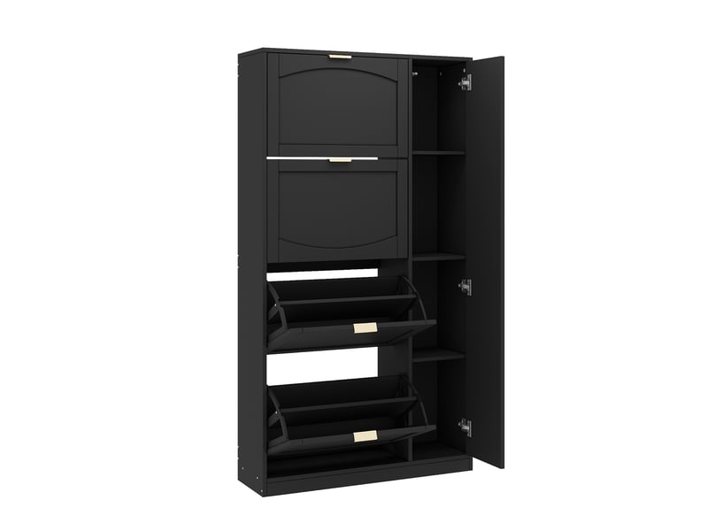  Meuble à chaussures 80x24x147 cm avec miroir, 4 abattants et étagères réglables, rangement gain de place - Noir Fay Lum - Conforama E