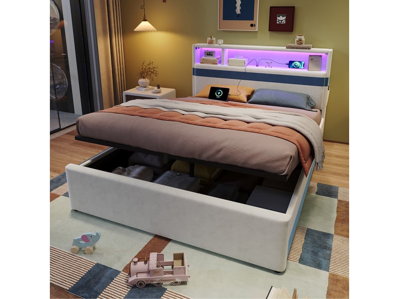  Lit coffre pour enfants 140x200cm - espace de rangement de grande capacité - avec éclairage led et un port de charge usb - tissu velours - blanc + bleu (sans matelas)  - Conforama B